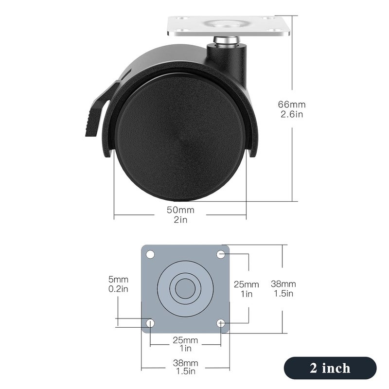 ANDUTEES 2 inch Casters Set of 4, Plastic Caster Wheels for Furniture, Plate Swivel Castor Wheels with Brakes, for Carts, Furniture, Baby Bed, Kitchen, Cabinet, Table (with Stainless Steel Screws) - Image 2